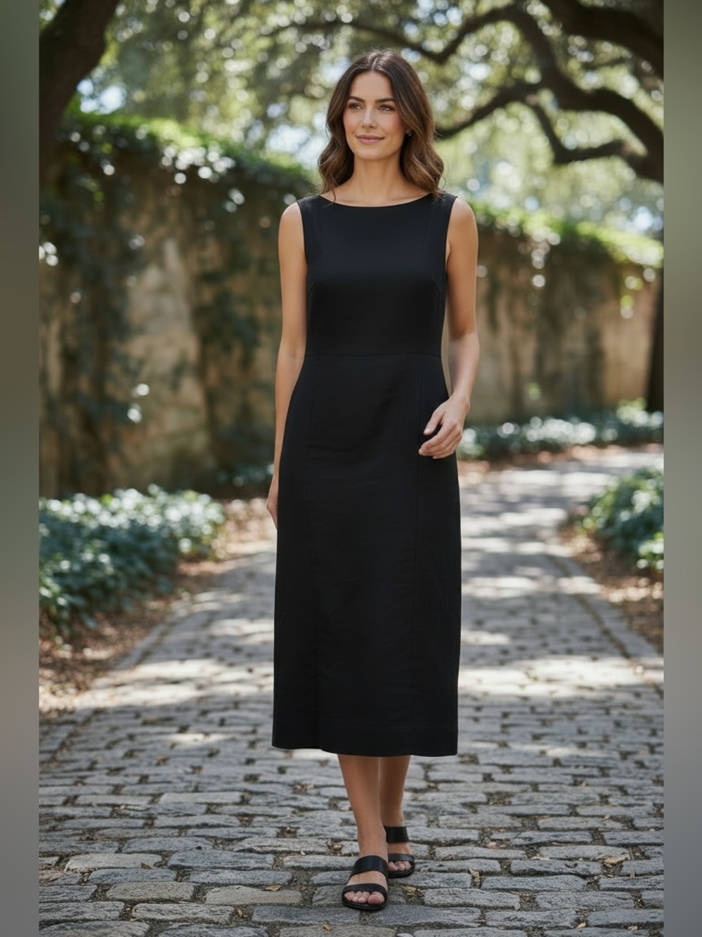 Ann Taylor Black Linen Blend Sleeveless Sheath Midi Dress Sz 10